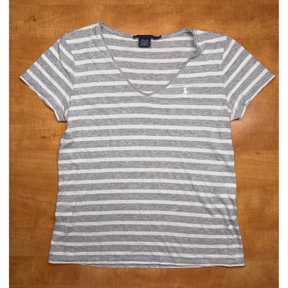 Ralph Lauren Sport Mens Grey White Striped V-Neck T-Shirtā Cotton Size M